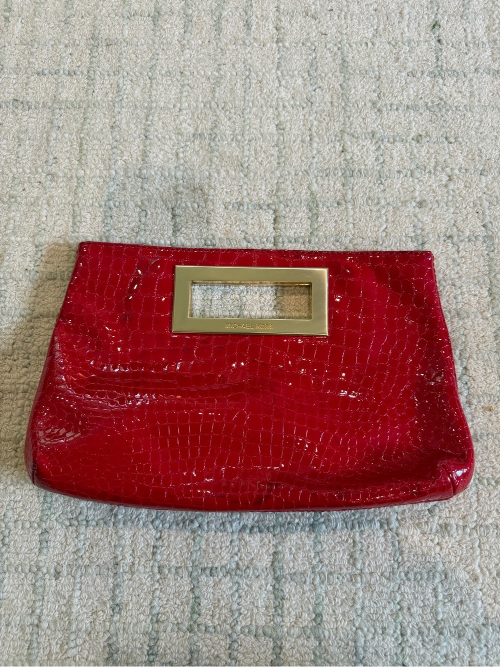 Michael Kors Glossy Red Croc-Embossed Clutch with Gold Handle